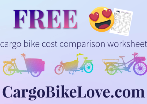 a cargo trike, bakfiets style bike and longtail bike with the words "free cargo bike cost comparison worksheet" and cargobikelove.com