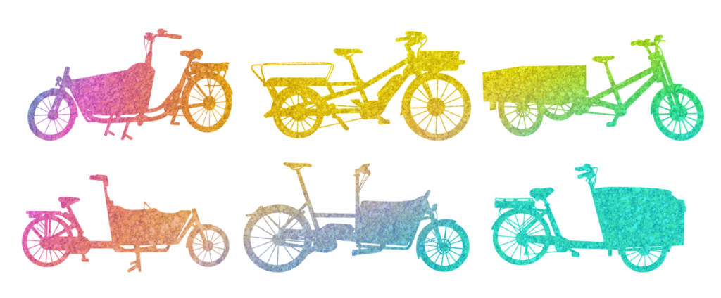 glittery rainbow silhouettes of six assorted cargo bikes